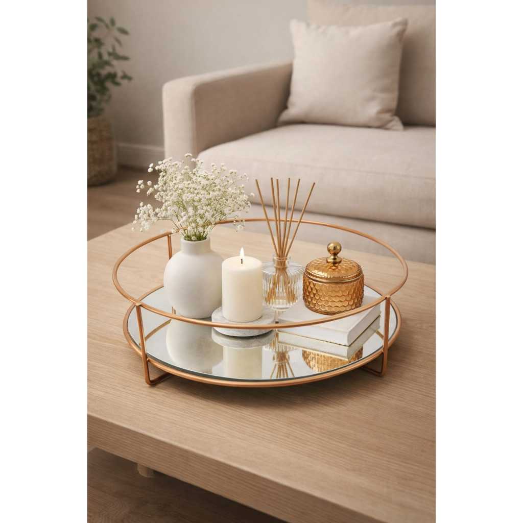 Bandeja Decorativa Espelhada Redonda Decoração 22 diâmetro luxo Design Elegante lindas para decorar seu lar