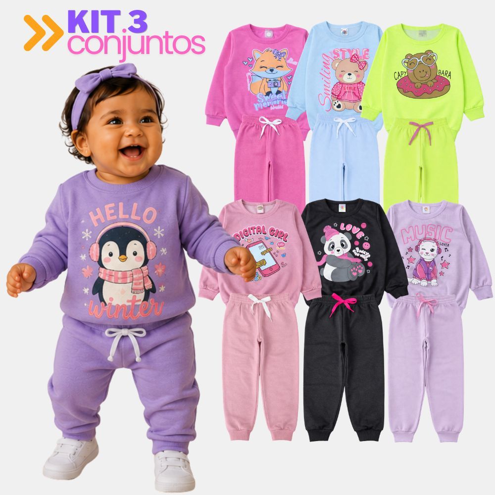 Kit Sortido 6 Peças Moletom Roupa De Bebê Menina Infantil Inverno - 3 Casacos + 3 Calças - Tamanhos 6 Meses a 24 Meses