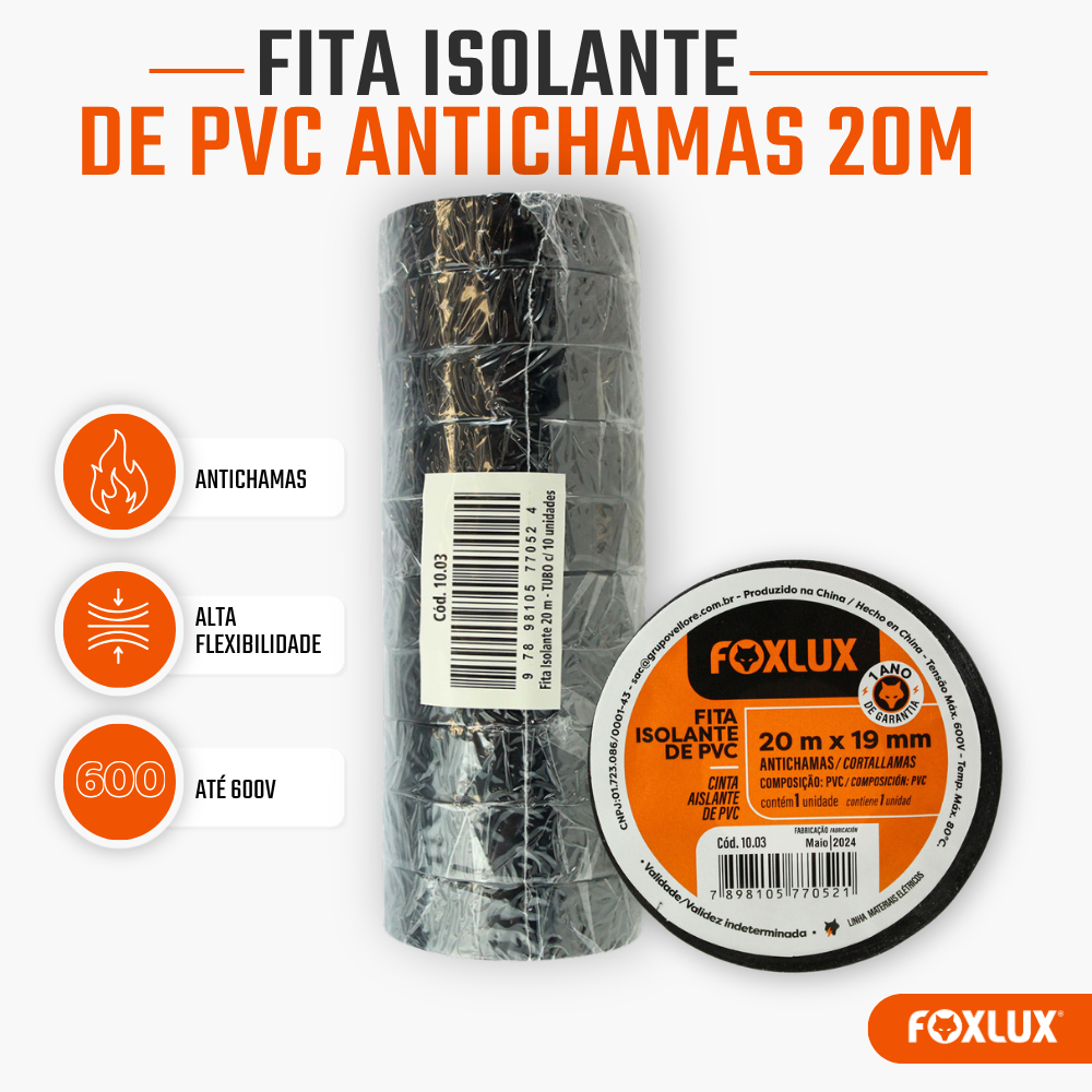 Fita Isolante Foxlux Pvc 20m X 19mm Antichamas Kit com 10