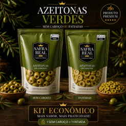 Azeitona Verde Safra Real 700g Sem Caroço ou Fatiada | Conserva Premium 400g Drenado