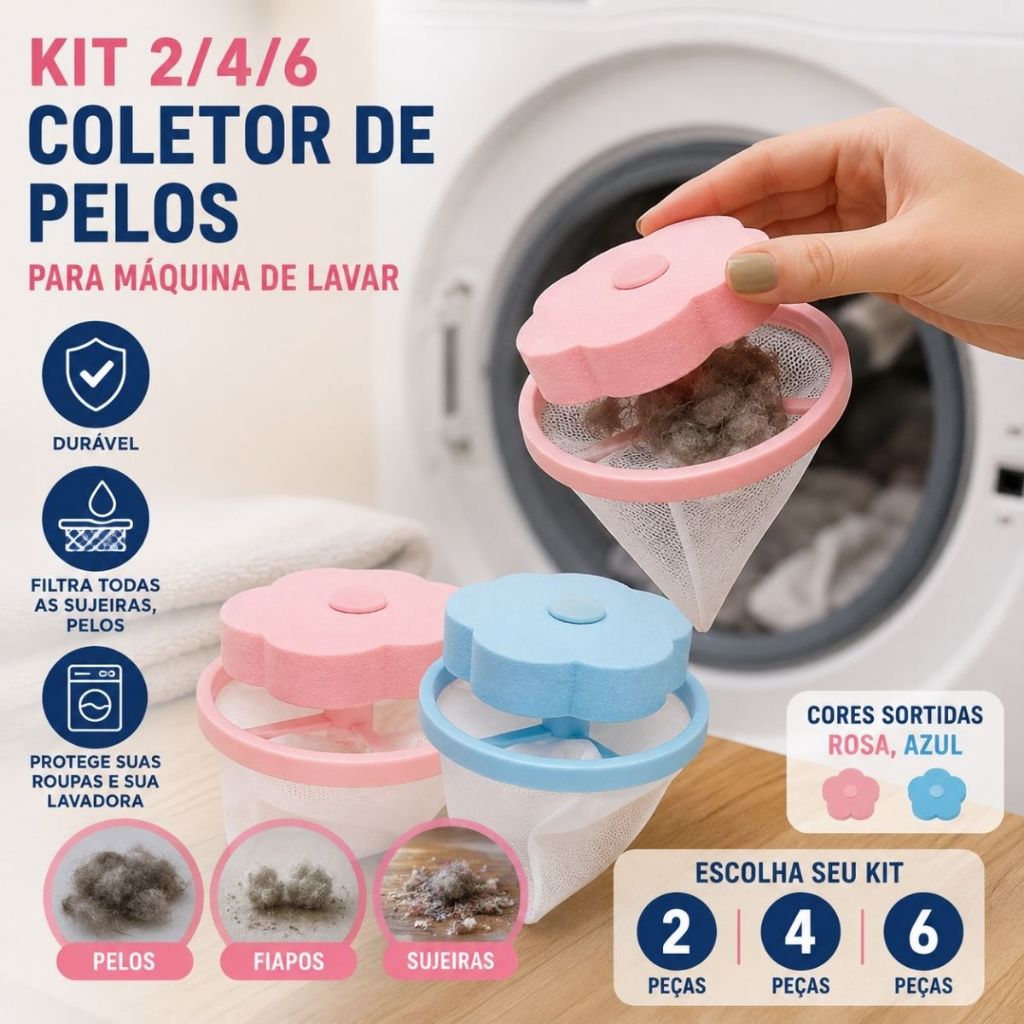 Kit Coletor de Pelos para Máquina de Lavar Saco Tira Pelos Roupas Reutilizável Lavanderia Utilidade