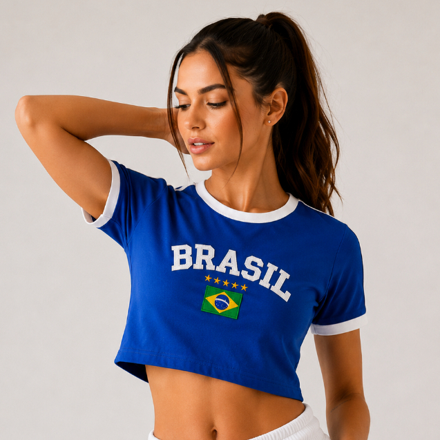 Cropped Do Brasil Bandeira Bordada - Azul Clara