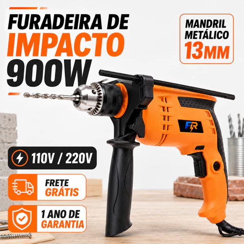 Furadeira de Impacto Parafusadeira 900W 13mm 110V ou 220V Mandril Metálico 3200RPM Alta Potência