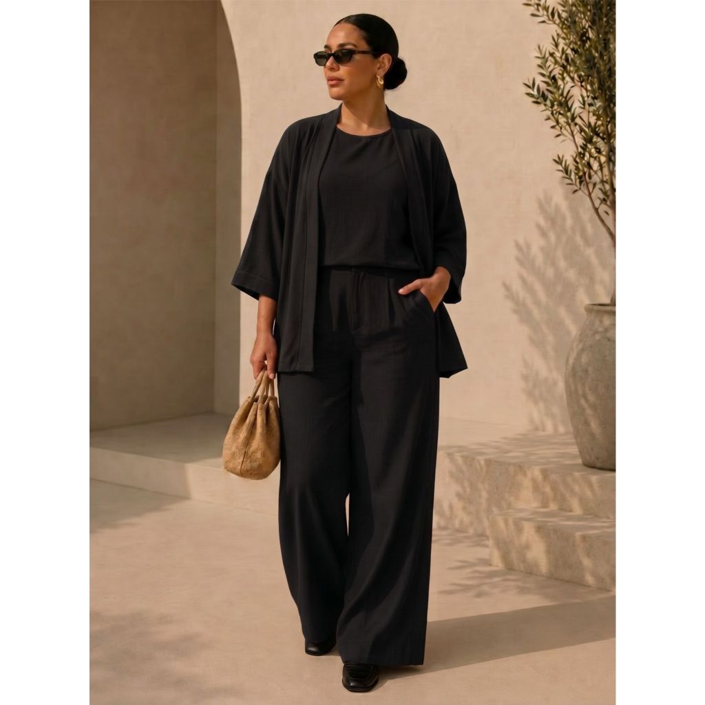 Conjunto Plus Size 3 Peças Calça Pantalona Blusa Regata e Kimono Tecido Duna Social Elegante