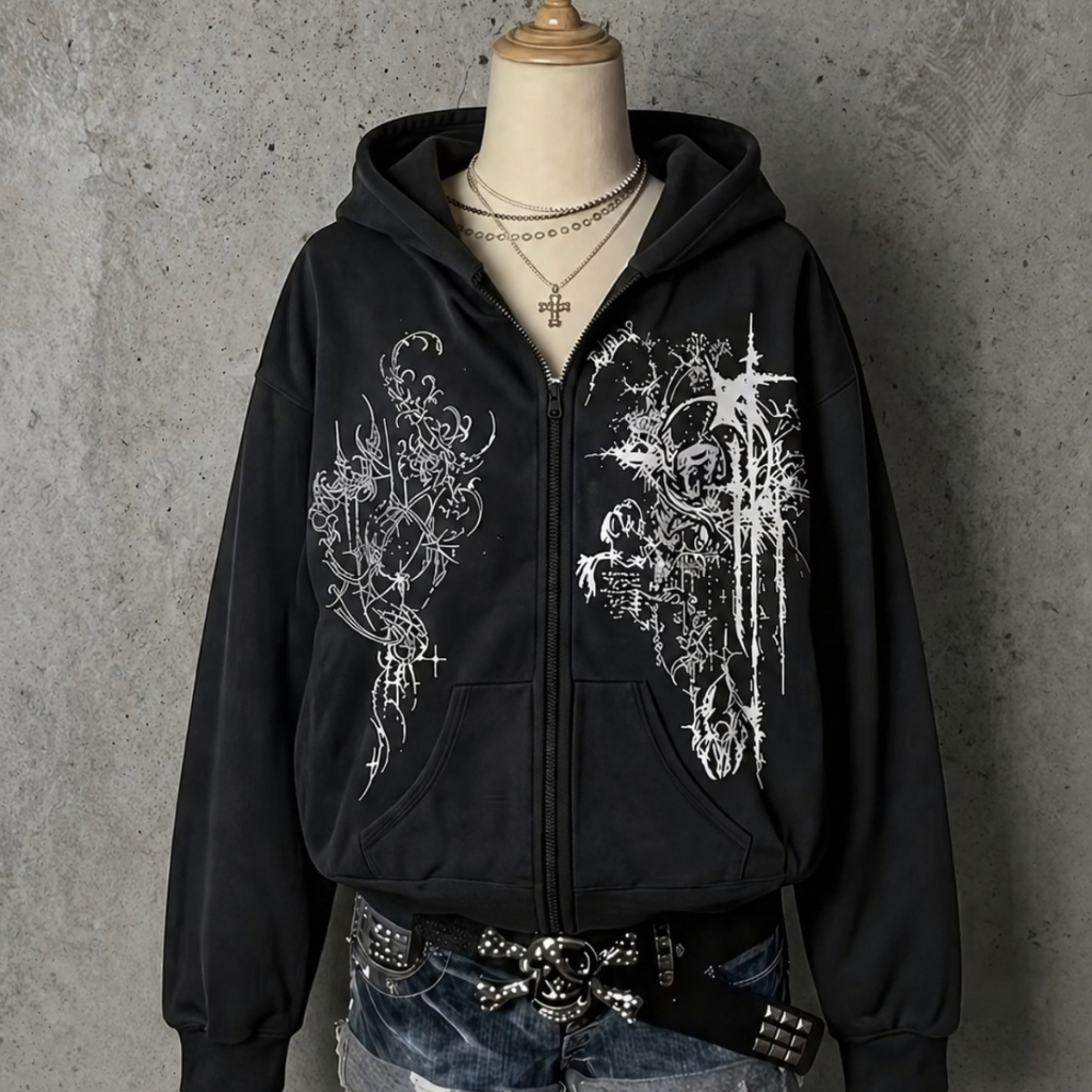 Casaco Moletom Ziper Tribal Y2k Aesthetic Dark Ajustavel Capuz e Bolso Flanelado
