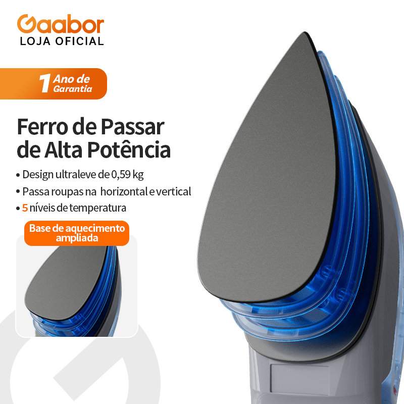 Gaabor Ferro Passar Vapor Azul 1200W 590g Leve 5 Temp Placa Grande Casa HM-M02A