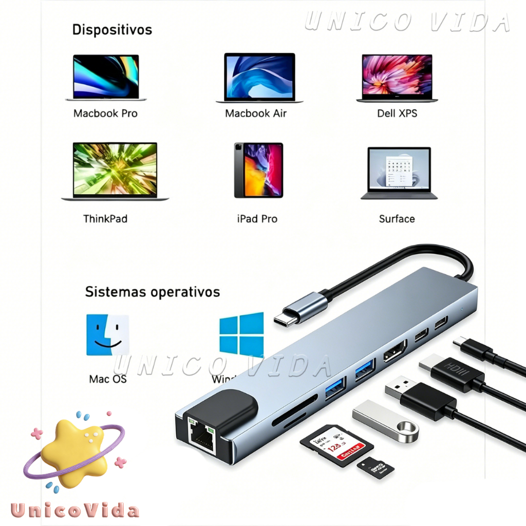 Adaptador USB-C 8 em 1 Hub Tipo C HDMI 4K RJ45 USB 3.0 SD TF Compatível com Notebook e Tablet | UnicoVida
