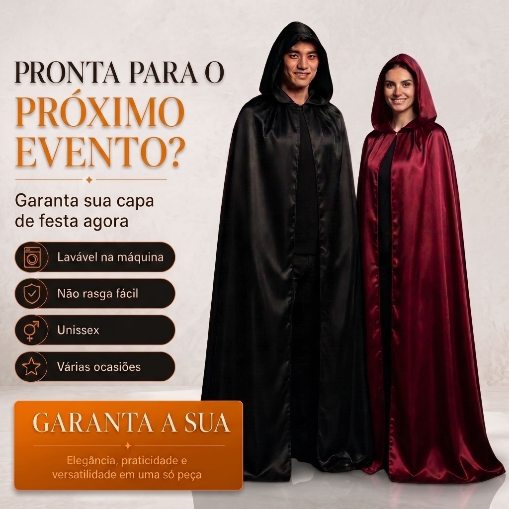 Capa Preta com Capuz Cetim Brilhante – Ideal para Cosplay, Teatro, Festa à Fantasia e Ensaio Fotográfico