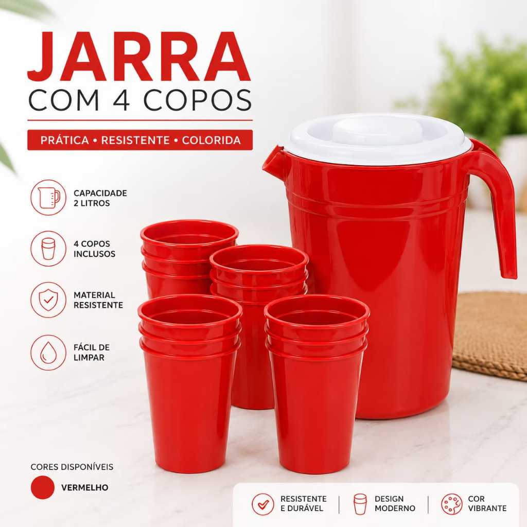 Kit Jarra 2L + 4 Copos Plástico Resistente Jarra com Tampa Jarra Suco Água Copos Casa Festa Cozinha