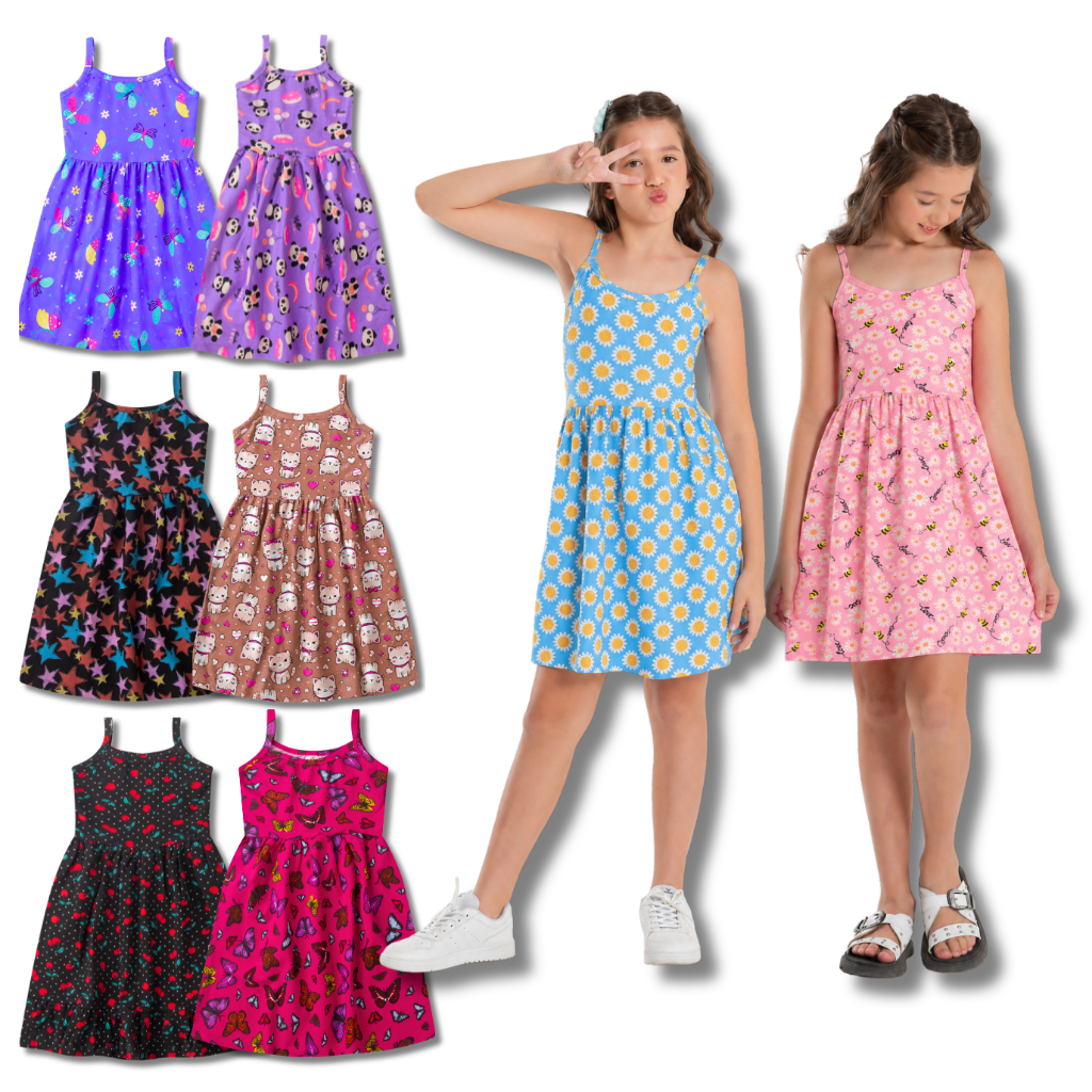 Kit 3 Vestidos Infantil Feminino de Alça Estampados Sortidos para Meninas – Tamanhos 1 ao 14 · foto 2