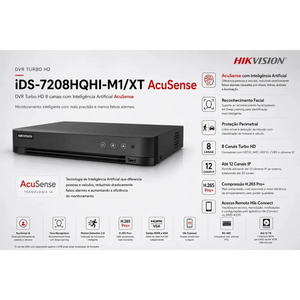 DVR 8 Canais Híbrido Hikvision AcuSense [iDS-7208HQHI-M1-XT] com HD 4TB WD PURPLE 3.5 e aceita câmeras ANALÓGICAS de 5M
