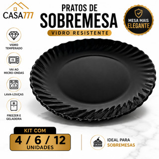 Kit Jogo 04/06/12 Prato Sobremesa 19 Cm PRETO Modelo Pétala Design Moderno Vidro Resistente Almoço Hotel