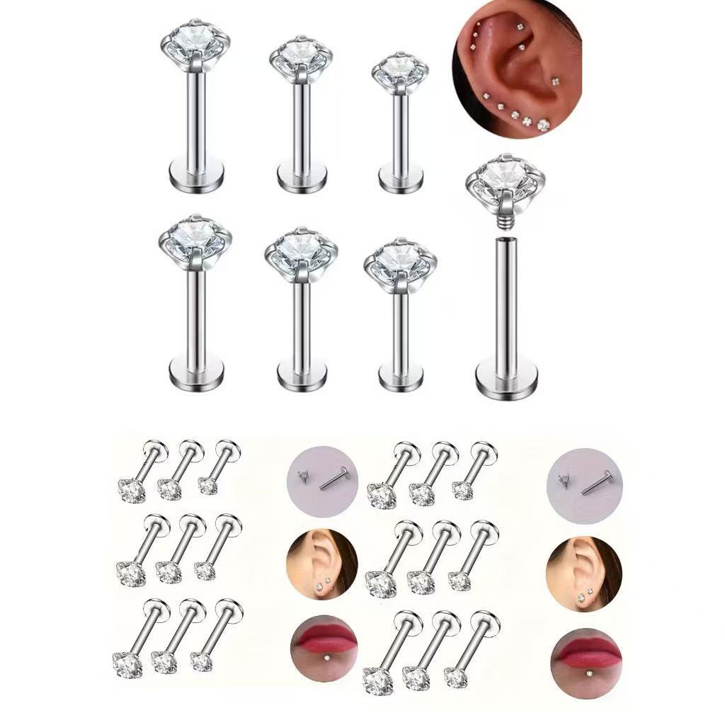 piercing Labret ponto de luz rosca interna tragus/helix/conch aço cirúrgico 6mm, 8mm e 10mm