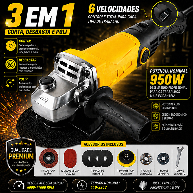 Esmerilhadeira Lixadeira 3 em 1 Multifuncional  Profissional 950W 6 Velocidades