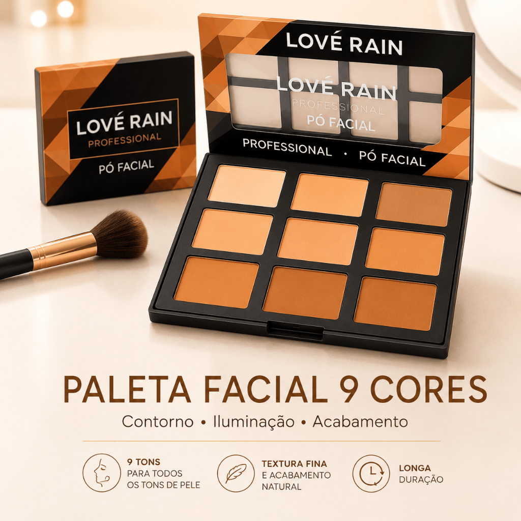 Paleta de Pó Facial Profissional 9 Tonalidades Mattes, Textura Aveludada, Estojo Transparente