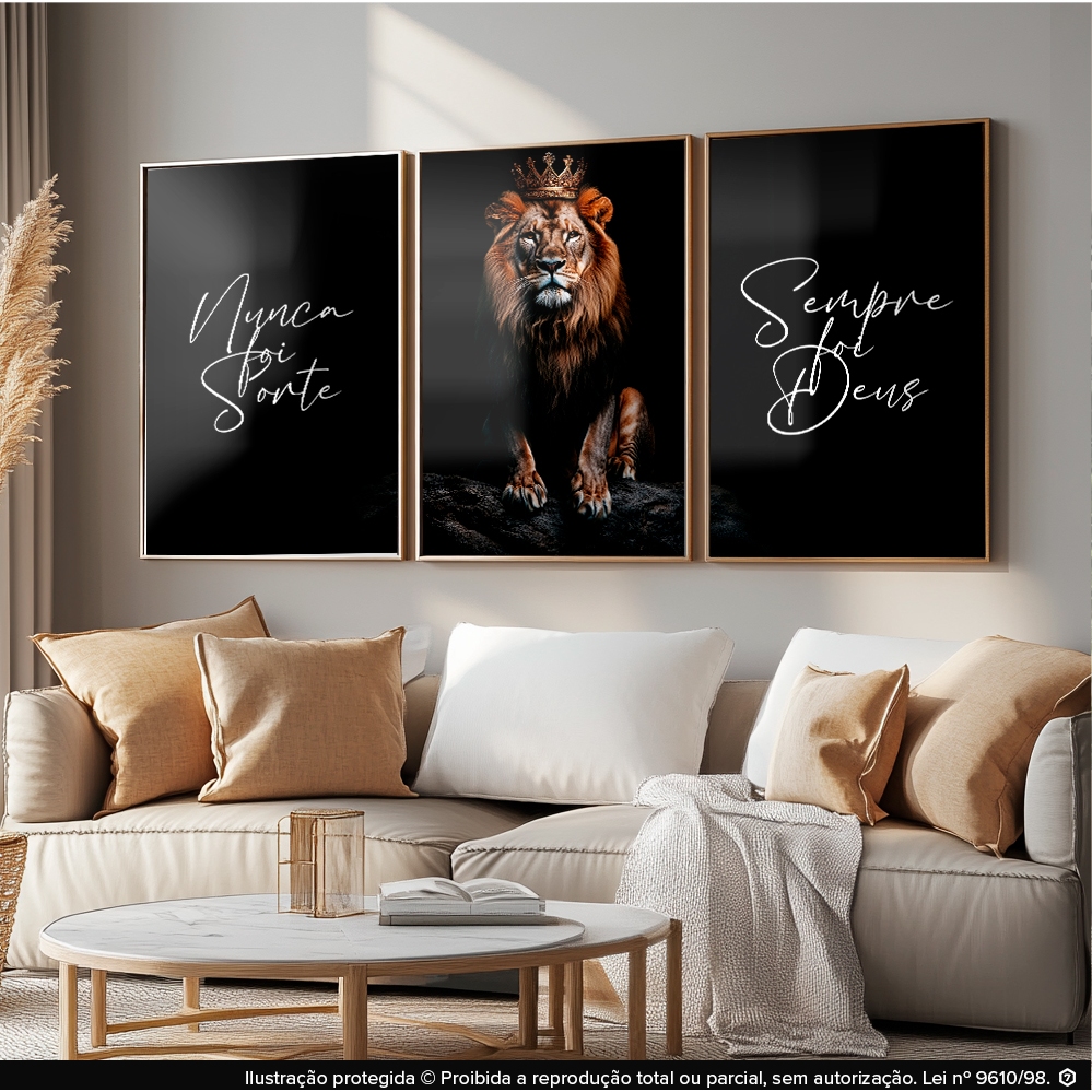 Kit 3 Pçs Quadros Decorativos Sala Quarto Religioso Leão de Judá Nunca Foi Sorte Sempre foi Deus Rei