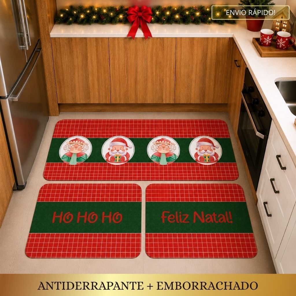 Kit 3 Tapetes para Cozinha Antiderrapante Natalino Natal Feliz Natal Papai e Mamãe Noel