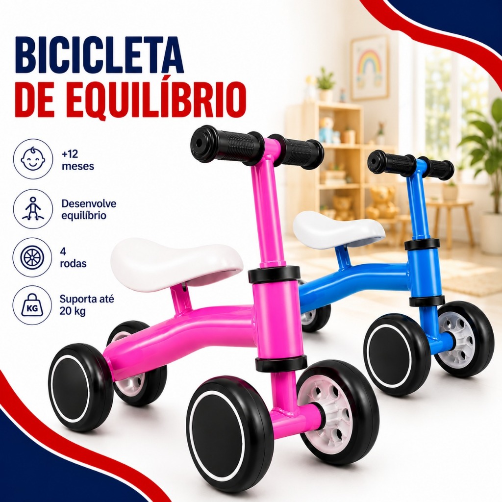 Bicicleta de Equilíbrio Infantil 4 Rodas Sem Pedais Resistente Desenvolve Coordenação Motora