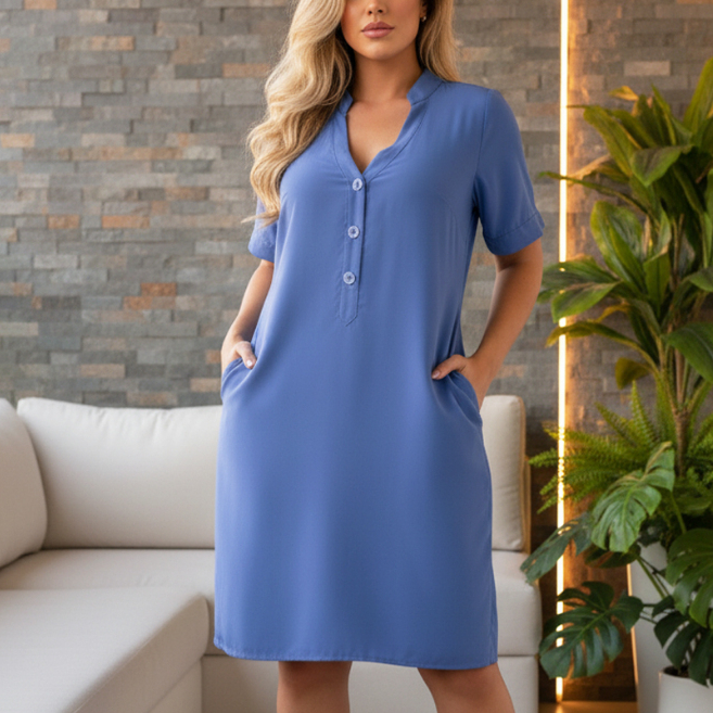 Vestido Feminino Curto Soltinho Com Bolso e Botões Manga Curta Casual Elegante Confortável