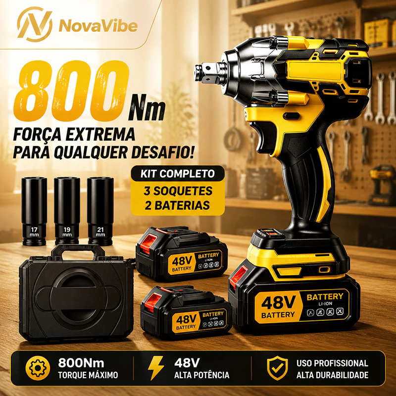 Parafusadeira Chave de Impacto 48V 800Nm Elétrica Sem Fio Alta Potência, Kit Completo com Soquetes e Maleta para Oficina