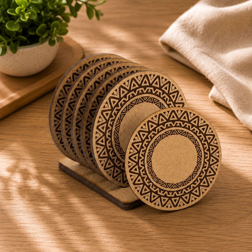 Kit Jogo 6 Porta Copos Bolacha De Mesa Decorativos em MDF Redondo Arabesco 9cm Preto Cru para Mesa