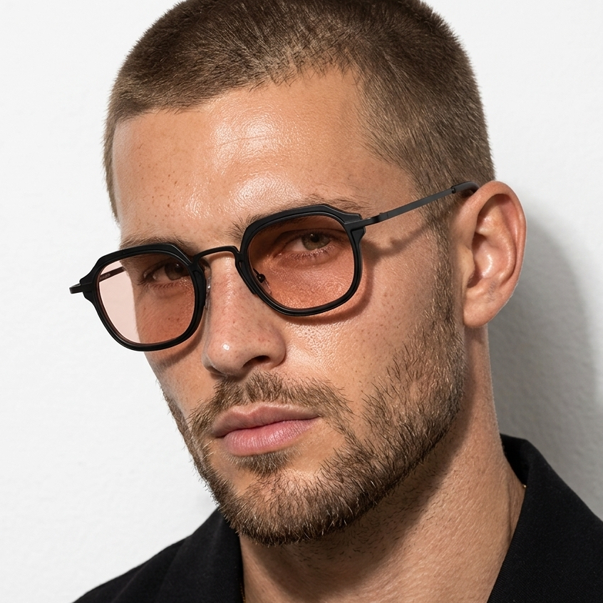 Oculos de Sol Hexagonal Preto Fosco Lentes Rose Premium Classico Vintage Tendenc