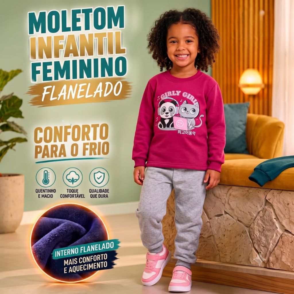 Kit 3 Conjuntos Moletom Infantil Feminino Inverno 6 Peças Roupa de Frio Menina 1 a 8 Anos Algodão
