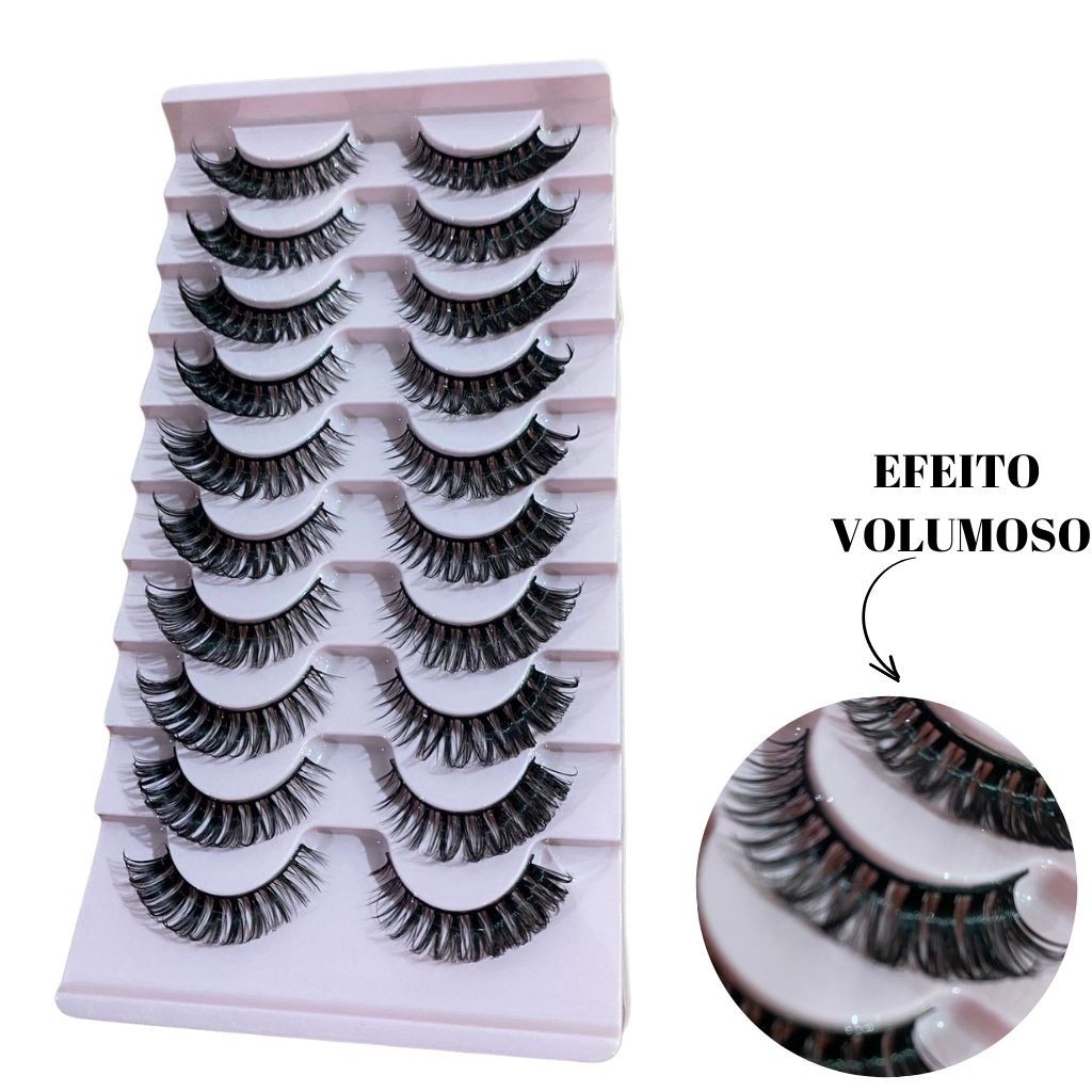 Kit 10 Pares Cílios Postiços  Estilo Russo + Cola Para Cílios