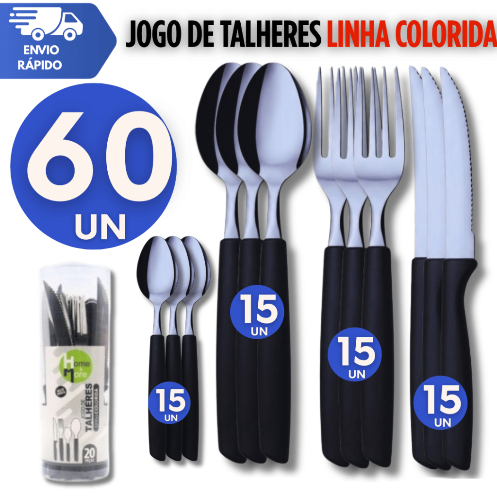 Talher Garfo Facas Colher e Colher Sobremesa Aço Inox Cabo Plástico Premium Preto Cozinha Utilidades