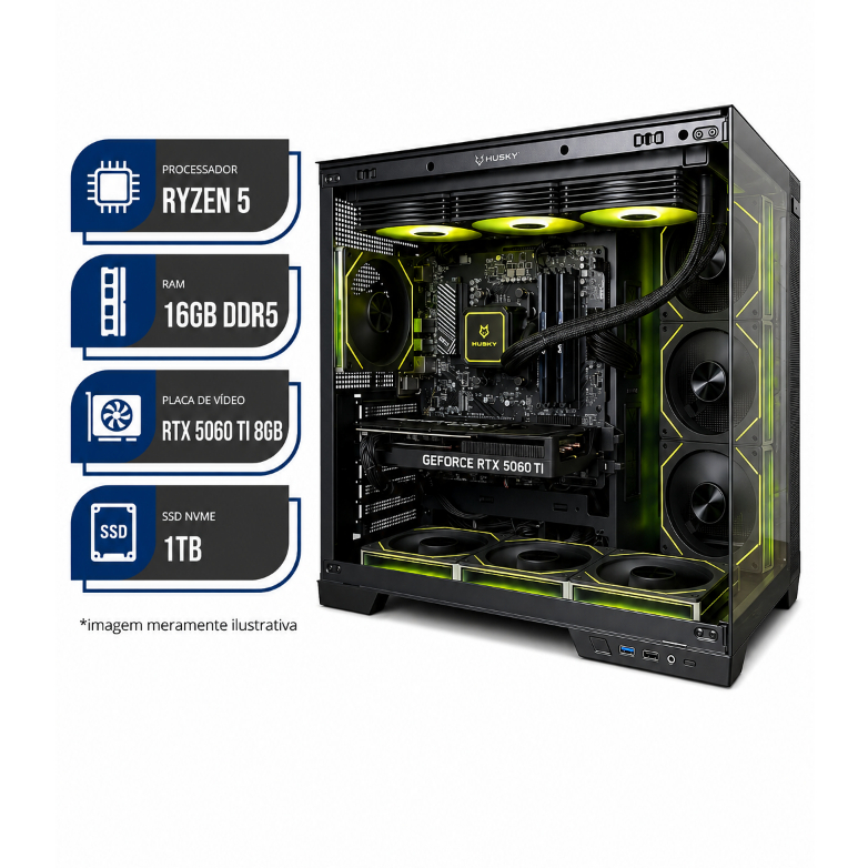 PC Gamer- Ryzen 5 7400F, RTX 5060 TI 8GB, B650M-P MSI, 16GB RAM DDR5, SSD 1TB, 850W 80 Plus, Gab. Asgard Evo, WC 360mm
