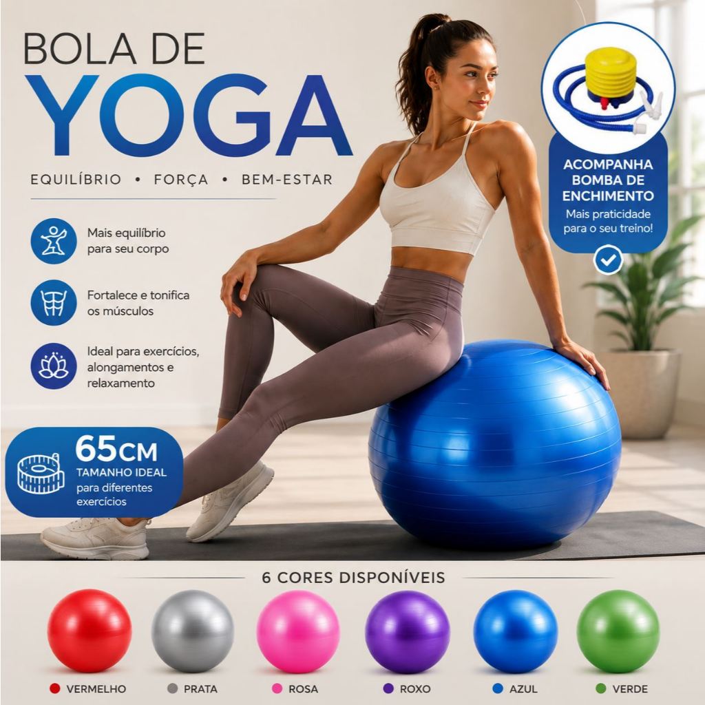 Bola de Yoga e Pilates 65cm, Exercícios, Fitness com Bomba de Enchimento, Academia ou em Casa