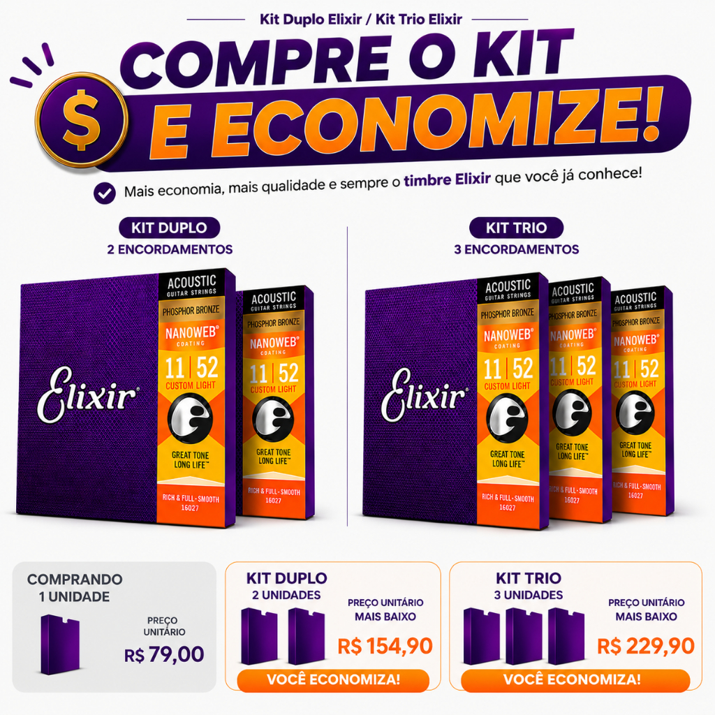 Kit 2 Cordas Elixir Violão Aço Phosphor Bronze Nanoweb 010 011 012 — imagem 2 de 2