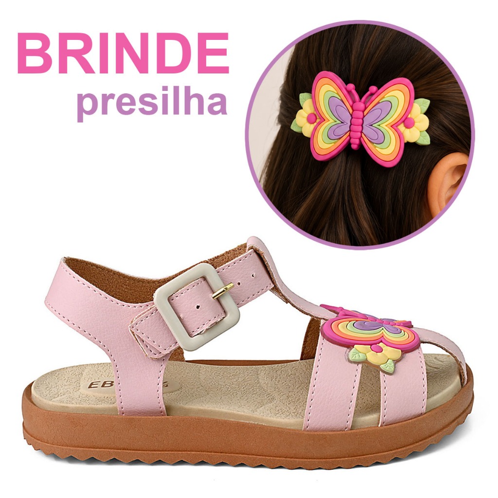 Sandália Papete Infantil Menina Feminino Anatômica Tiras Fechada Borboleta Brinde Presilha Bico de Pato 28 ao 34 IBK1.03