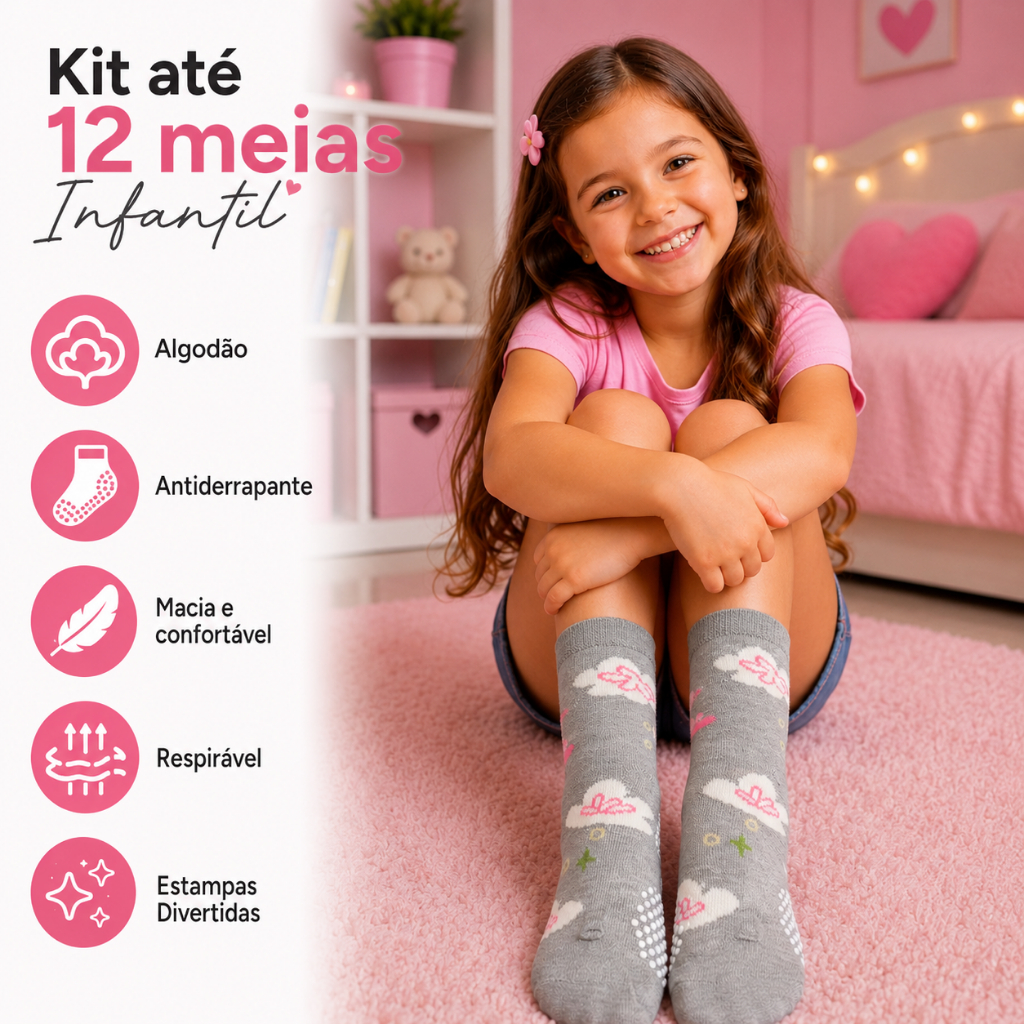 Kit até 12 Pares de Meias Infantil Feminina Estampada Coloridas Algodão Macio Confortável Antiderrapante Respirável