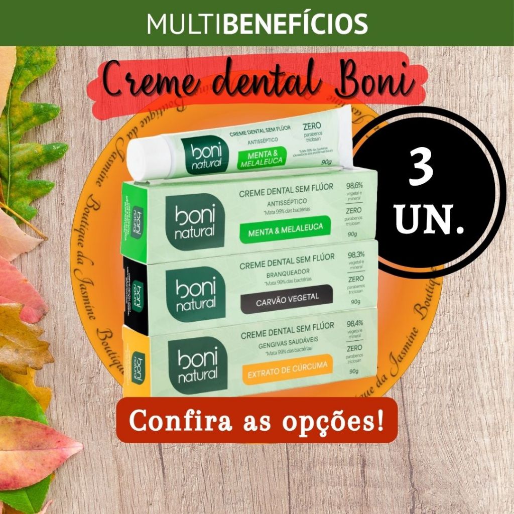 Kit 3 Creme Dental SEM FLÚOR vegano Boni Natural - Menta e Melaleuca 90g cada