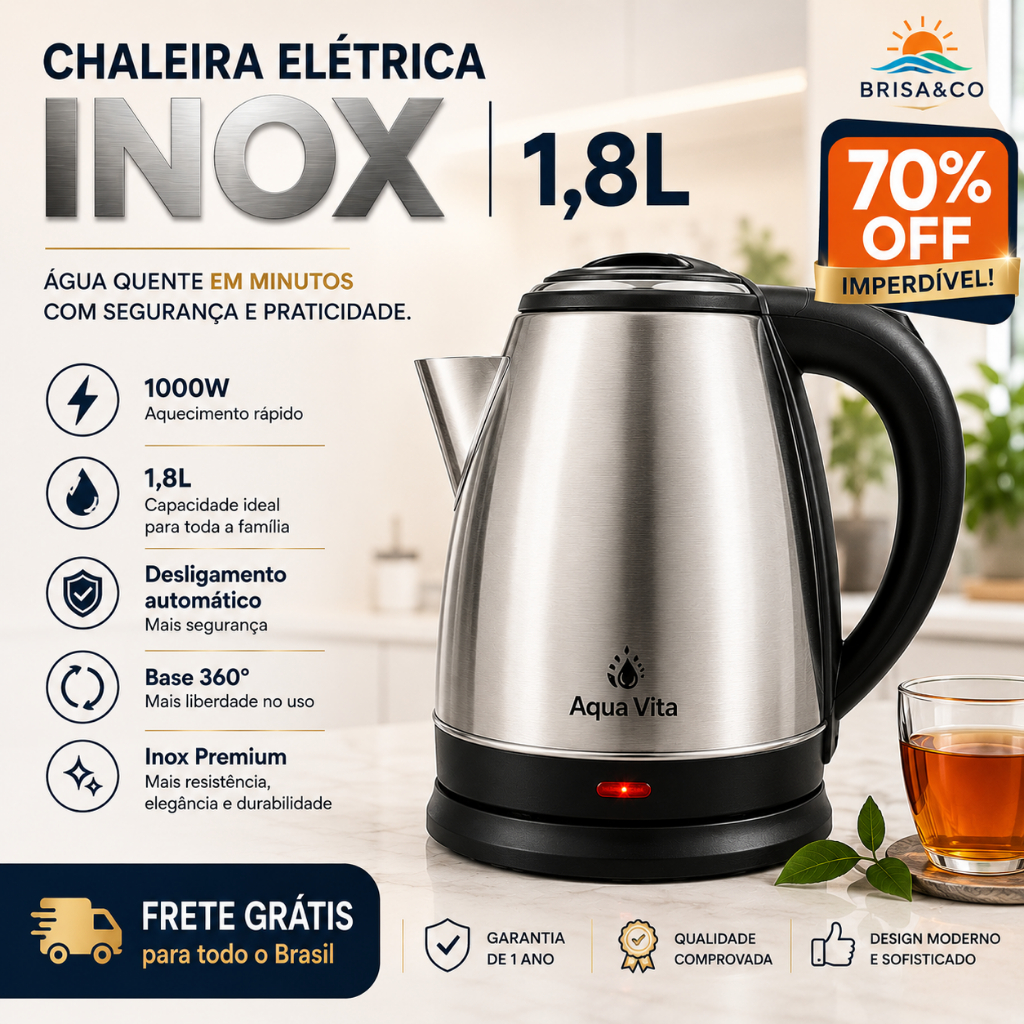 Chaleira Elétrica Inox 1,8L 1000W 220V Aquecimento rápido e desligamento automático - 360°