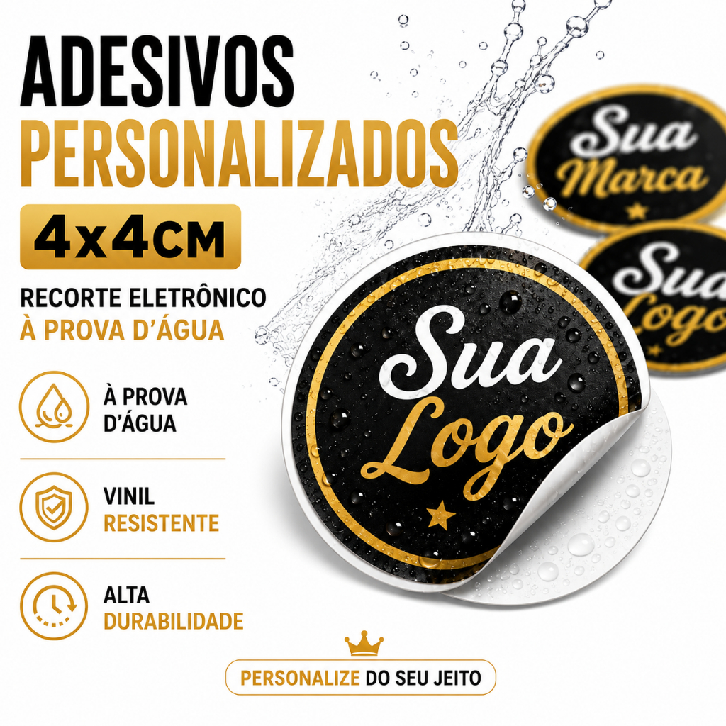 ADESIVO PERSONALIZADO 4x4 CM | RECORTE ELETRÔNICO | IMPERMEÁVEL | LOGO DA SUA MARCA + BRINDE!