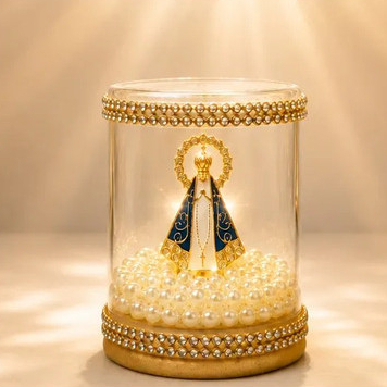Redoma Nossa Cupula Imagem Santa Nossa Senhora Aparecida Metalizada Pérola Bege