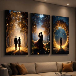 Kit 3 Quadros Decorativos Casal Romântico Luzes Mágico Moldura Grande Quarto Casal Sala Premium Luxo Silhueta