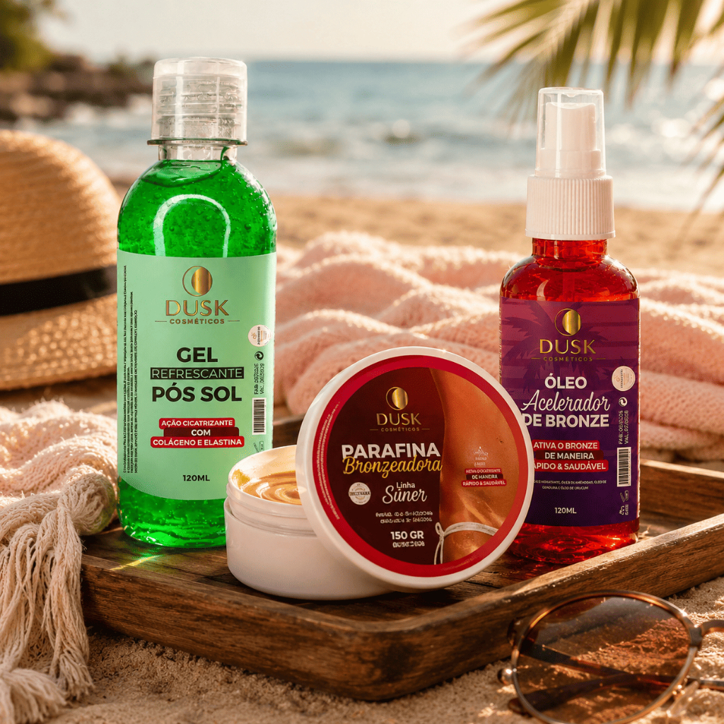 Kit Bronzeador 150ml + Parafina Aceleradora Dusk Marquinha De Fita Biquíni + Pós sol Cicatrizante