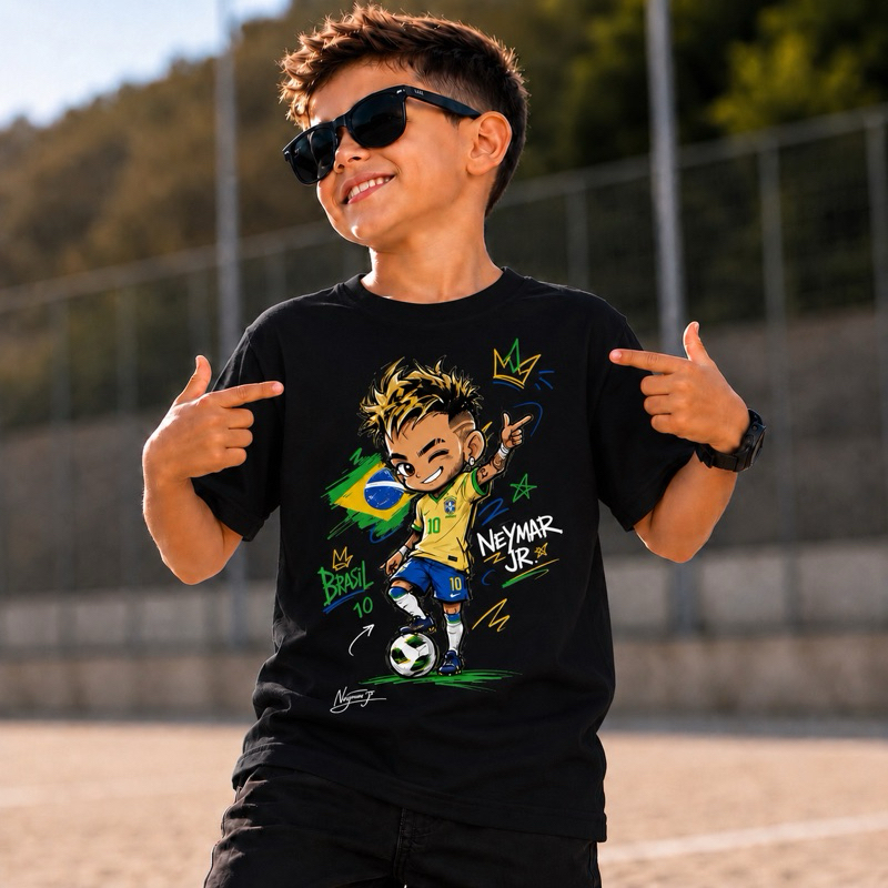 Roupa Infantil Unissex Neymar JR 100% Algodão Camiseta Futebol Estampada Básica Confortável Moderna Oferta Frete Grátis