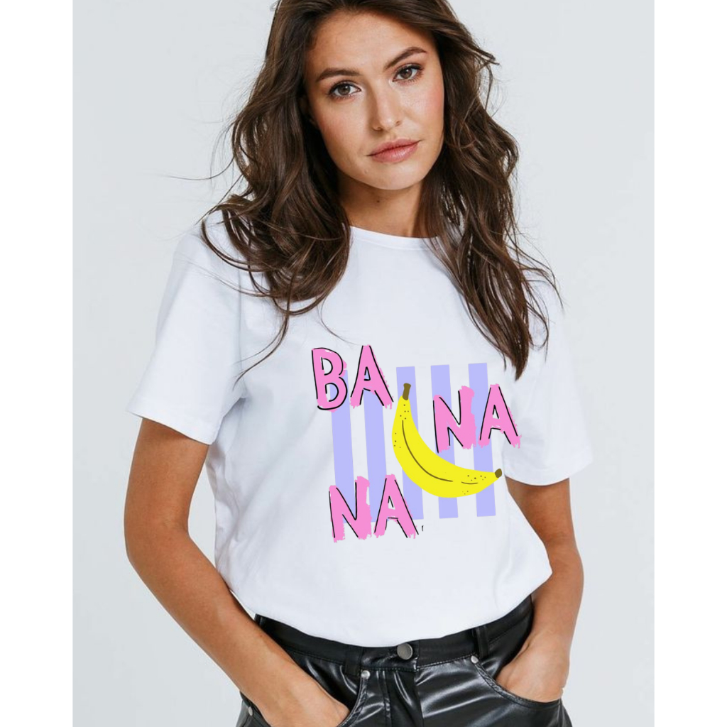 Camiseta Cores Variadas Estampa Banana Feminina 100% Algodão Premium Casual Estilosa Fofa Confortável