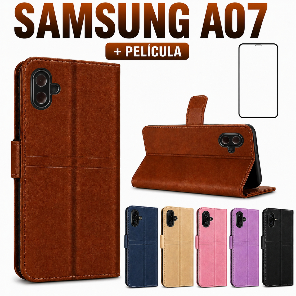 Capa Carteira Flip Galaxy Samsung A07 Magnética Couro Porta Cartão Anti Impacto Suporte + Película 3D Vidro