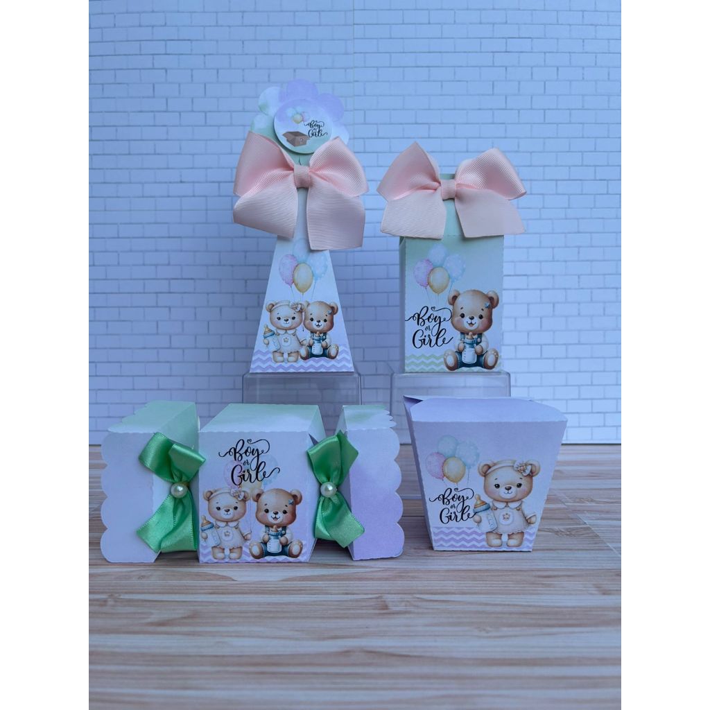 Kit 20 Caixinhas Personalizadas Chá Revelação Ursinho Boy ou Girl Pegue e Monte