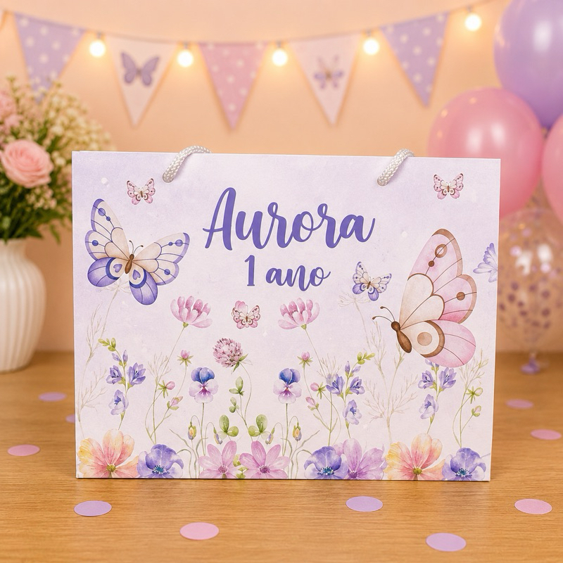 Sacolinha Personalizada Jardim das Borboletas Lilás Pegue e monte - Lembrancinha Jardim das Borboletas Lilás