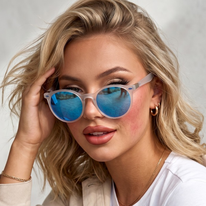 Óculos de Sol Bali Branco Azul Espelhado Redondo Premium Corrida Funk Steampunk uv400 Feminino
