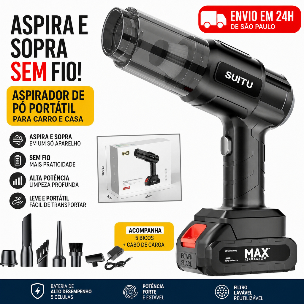 Aspirador portátil sem fio recarregável para carro de de alta potência, limpeza automotiva eficiente, com acessórios