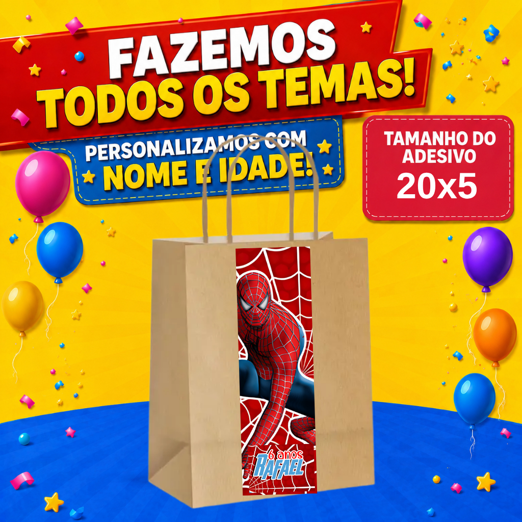 RÓTULO ADESIVO PERSONALIZADO 20X5 PARA SACOLINHA  HOMEM ARANHA - FAZEMOS QUALQUER TEMA - SACOLA PERSONALIZADA