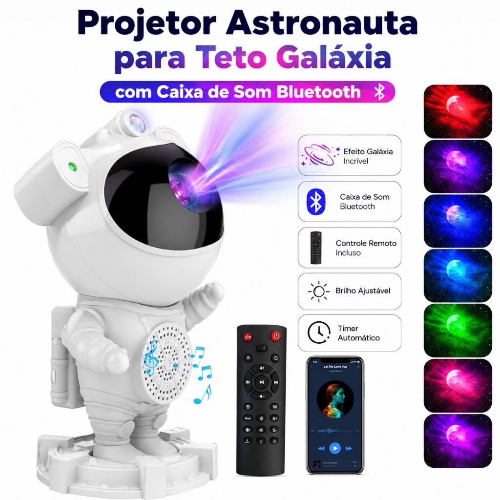 Projetor Astronauta Galáxia Bluetooth Caixa de Som Ruído Branco 15 Efeitos LED Infantil