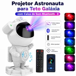 Projetor Astronauta Galáxia Bluetooth Caixa de Som Ruído Branco 15 Efeitos LED Infantil